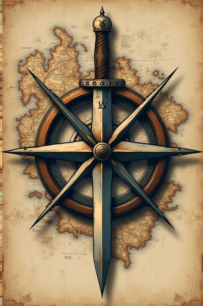 Make me a logo that has a map in the background and a compass and a bowie knife on top