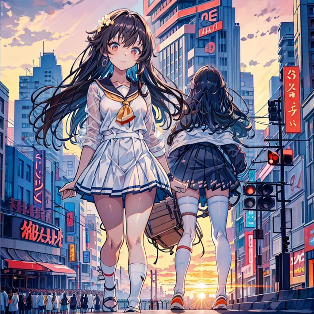 Composition viewed from below　((evening))　((sunset))　((sunset))　cumulonimbus　　masterpiece　((Brown skin))　((Sunburn))　Anime Style　Delicate painting　4K　90's　giant　Multiple Girls　crowd　 ((Black Hair))　　Metropolis　　　crowd　Crowd of people　((A giant schoolgirl standing in the valley of a skyscraper city))　Metropolis　Tokyo Akihabara Electric Town　Big Breasts　Sailor suit　　Her underwear is visible　Sweating profusely　Splash　sneakers　White socks　watch　Black Hair　　smile　　female giant giant girl Whole body 　 Crowd Unreal Engine,cleavage ,a drawing of a , earrings, long hair,Cute picture　Beauty　Analog style　whole body　sneakers