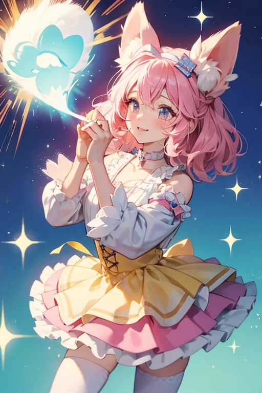 Paw Paw is a fluffy pink girl dog with a white muzzle, yellow inner ears, fuchsia blush, and wears a light blue bow. SPARKLE; GLITTER