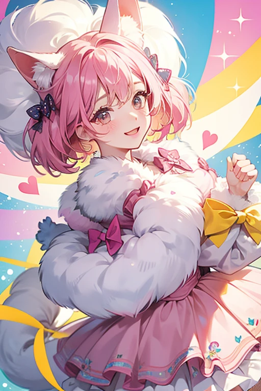 Paw Paw is a fluffy pink girl dog with a white muzzle, yellow inner ears, fuchsia blush, and wears a light blue bow.  SPARKLE; GLITTER