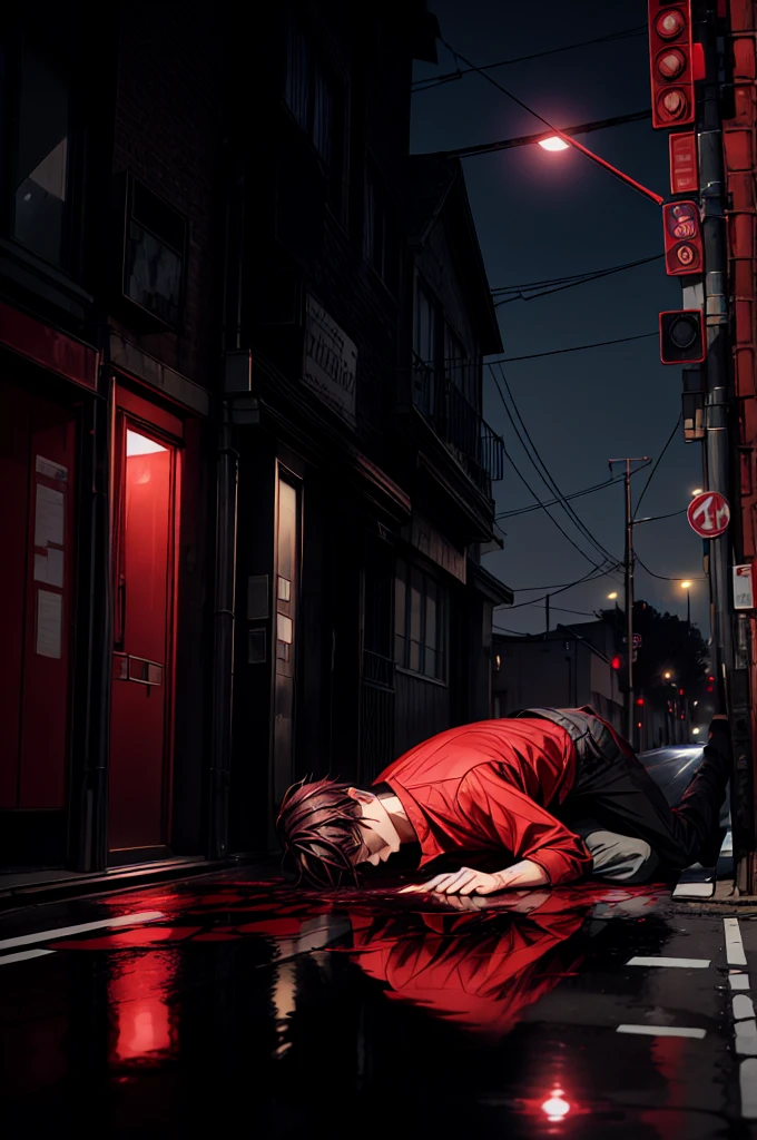 A 25-year-old man is lying motionless on the street, with blood pooling from a head injury, indicating a recent accident. A car is parked nearby, its red taillights glowing ominously in the fading light of the evening. The road is slick with blood, reflecting the eerie red glow. The man is dressed entirely in black—his shirt, pants, and shoes blending into the dark, wet pavement, emphasizing the grim scene. The atmosphere is heavy with the aftermath of the accident, as the day transitions into night, adding a sense of tragedy and solemnity to the moment.
