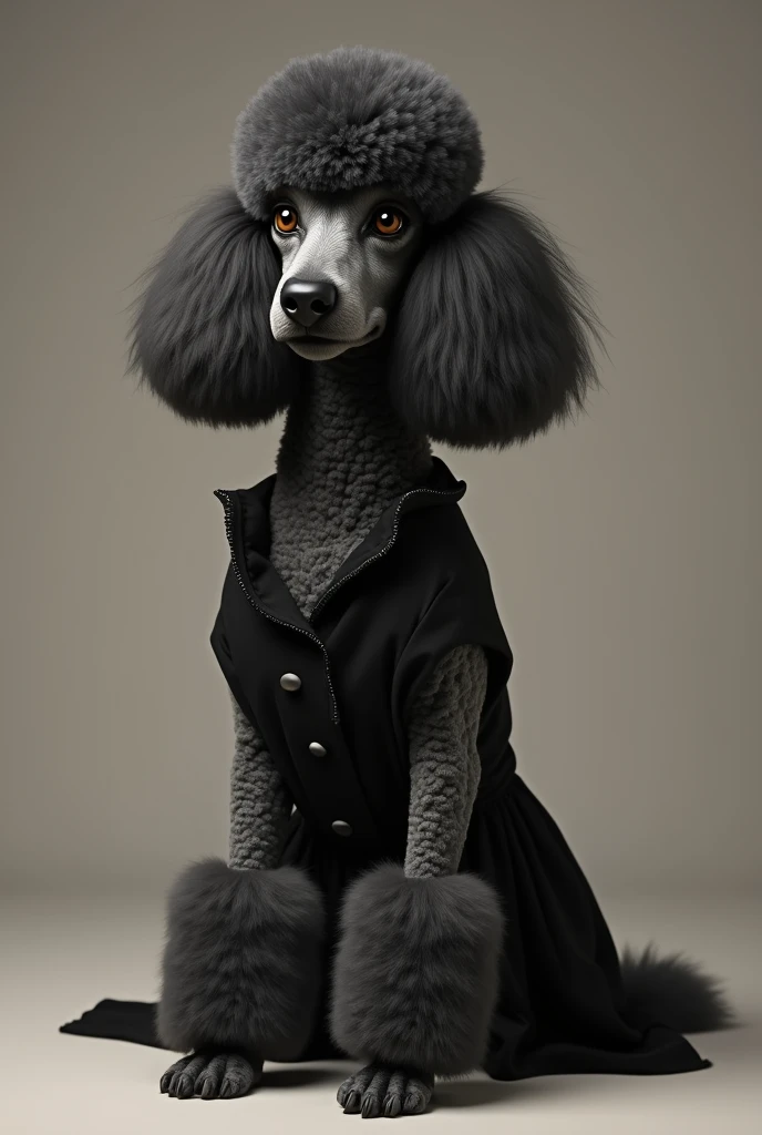 A poodle standing in a black dress and looking serious