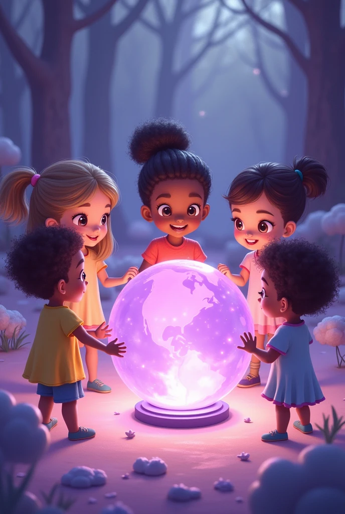 I need an image where there are five children around a LILAC crystal globe and they are all smiling and holding hands. I also need them to look like they've been drawn, as is they were cartoon characters. One of the children needs to be black