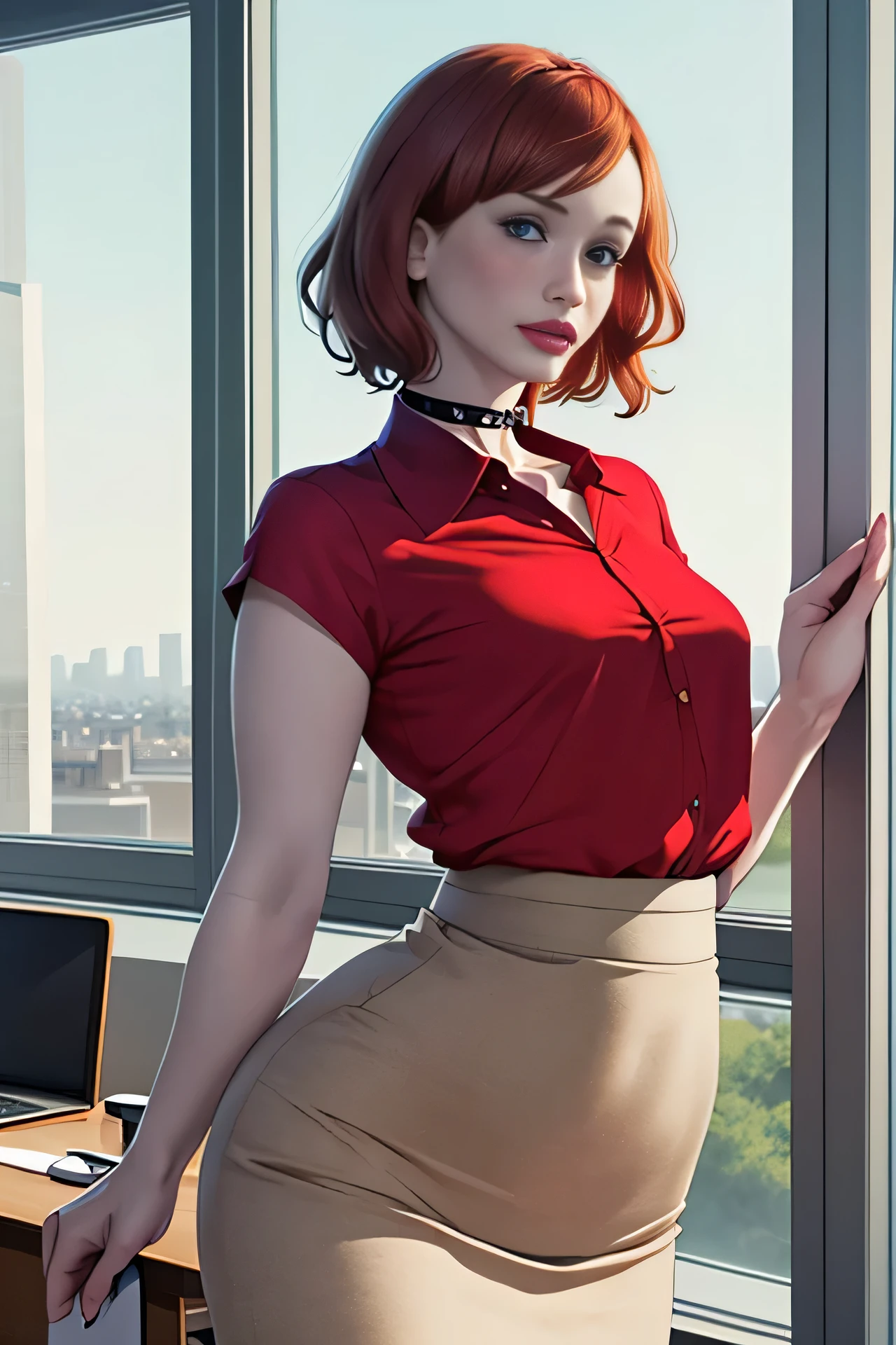 Christina Hendricks, (Christina Hendricks:1.5), masterpiece quality, (masterpiece quality:1.3), detailed, realistic, (realistic:1.3), 1girl, solo, (solo:1.9), alone, in a 1960s office, office desks in background, window of cityscape in background, short hair, wearing choker collar, naked body, (naked body:1.9), thin body, small breasts, (small breasts:1.5),