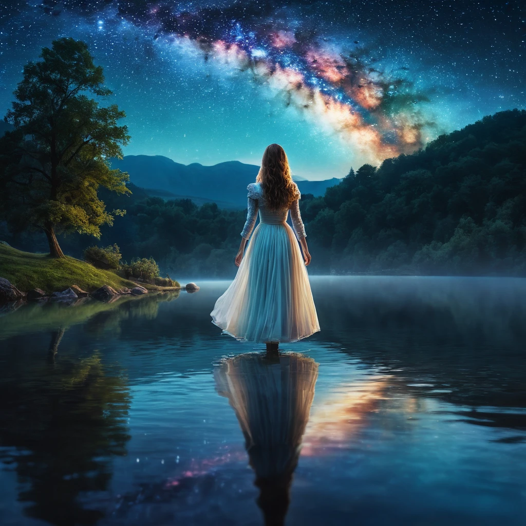 A ghostly girl, Levitating over the water of a lake, Beautiful medieval appearance, Night sky with stars and milky way., horror tones, oil painting, (Best Quality,4k,8k,High resolution,masterpiece:1.2),ultra detailed,(realist,photorealist,photo-realist:1.37),HdR,HD,studio lighting,Ultrafine paint,sharp focus,physically based rendering,extreme detailed description,professional,vivid colors,bokeh,Portraits,landscape,horror