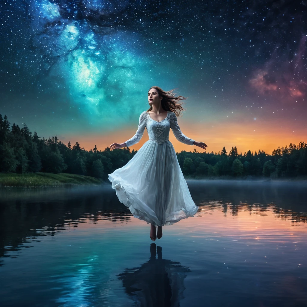 A ghostly girl, Levitating over the water of a lake, Beautiful medieval appearance, Night sky with stars and milky way., horror tones, oil painting, (Best Quality,4k,8k,High resolution,masterpiece:1.2),ultra detailed,(realist,photorealist,photo-realist:1.37),HdR,HD,studio lighting,Ultrafine paint,sharp focus,physically based rendering,extreme detailed description,professional,vivid colors,bokeh,Portraits,landscape,horror
