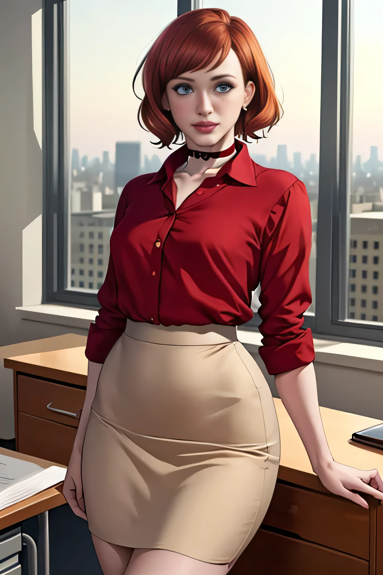 Christina Hendricks, (Christina Hendricks:1.5), masterpiece quality, (masterpiece quality:1.3), detailed, realistic, (realistic:1.3), 1girl, solo, (solo:1.9), alone, in a 1960s office, office desks in background, window of cityscape in background, short hair, wearing choker collar, secretary, wearing a red blouse, (red blouse:1.5), wearing a beige skirt, (beige skirt:1.5), thin body, small breasts, (small breasts:1.5),