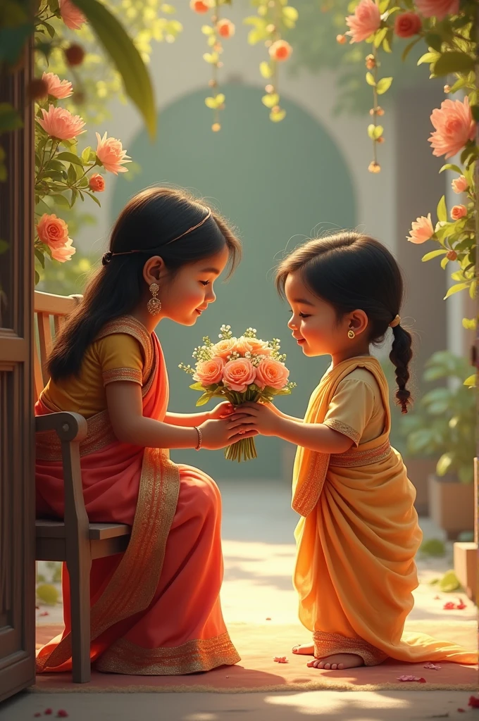 Young indian girl sitting on a chair and receing flowers from a yyoung indian boy