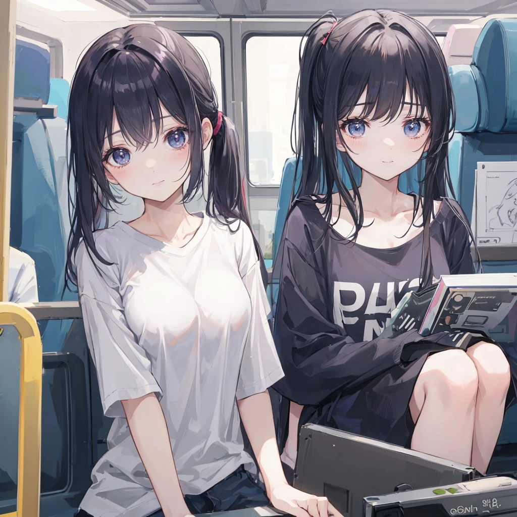 Korean female star photos, Uneven twin ponytails, Light makeup, Medium breast size, Smile, Colored T-shirts, on the bus, Clear facial features,Realistic details, Sony FE, 35 mm, Movie Lighting, High Detail, UHD, high quality, HD, 8K, 16K