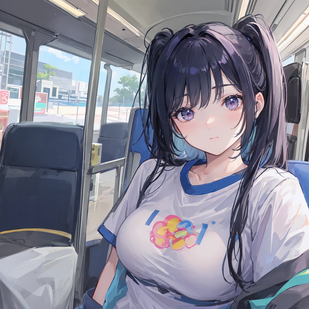 Korean female star photos, Uneven twin ponytails, Light makeup, Medium breast size, Smile, Colored T-shirts, on the bus, Clear facial features，Realistic details, Sony FE, 35 mm, Movie Lighting, High Detail, UHD, high quality, HD, 8K, 16K