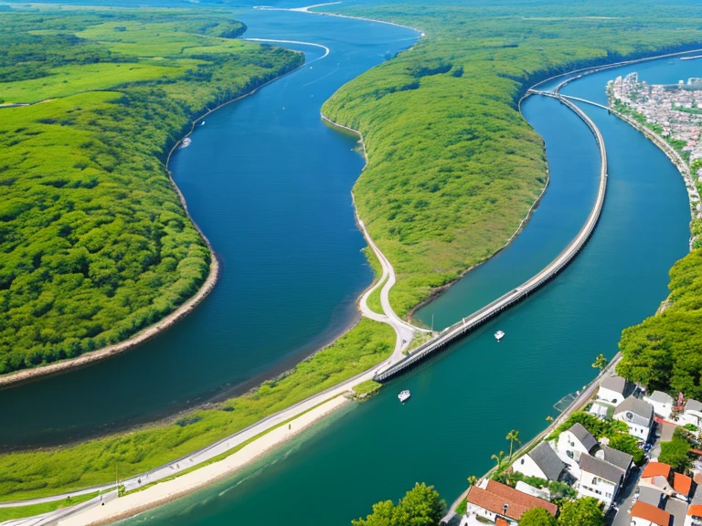Marshland、coastal、River flowing into the sea、A peninsula with a lighthouse in the background