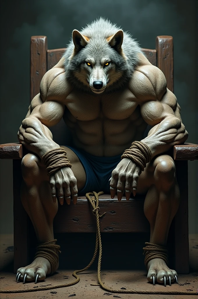 A muscular male anthro wolf tied up sitting on a chair