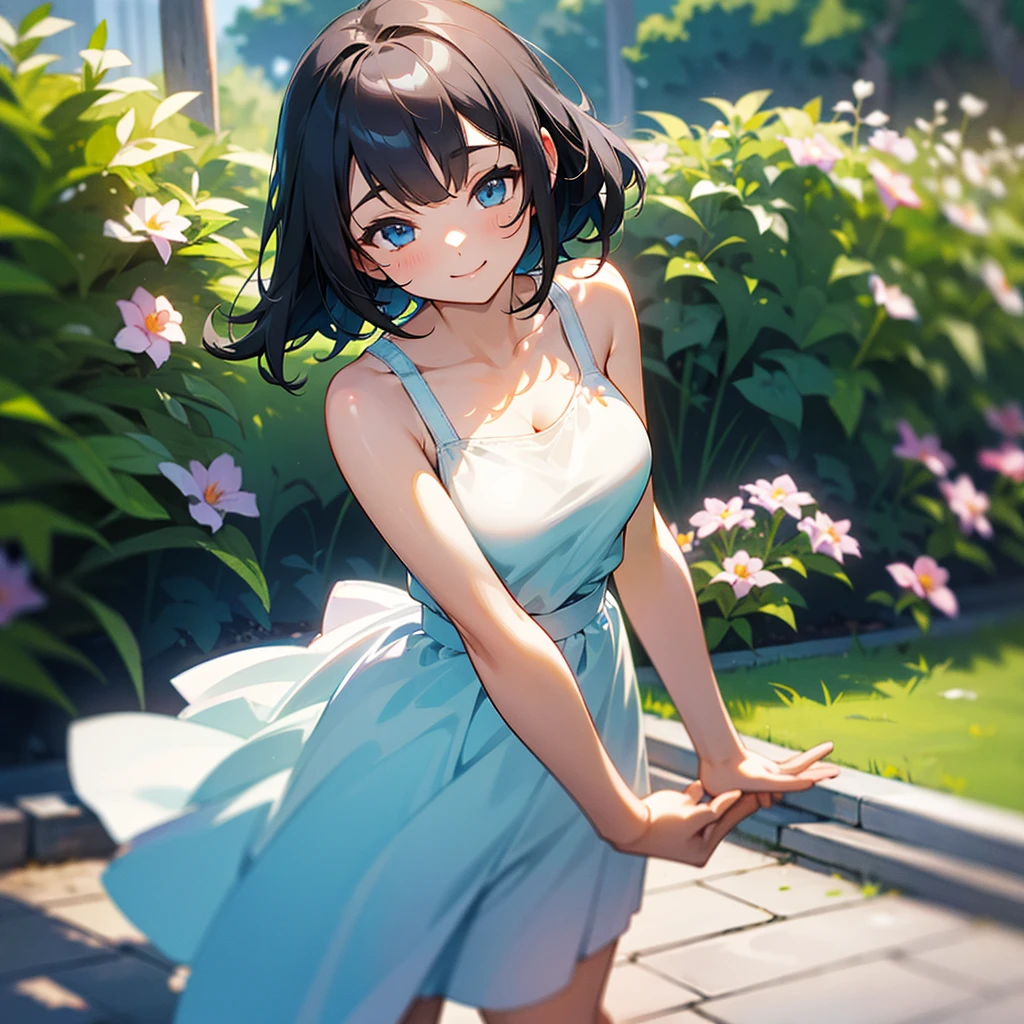 (high quality, High resolution, Very detailed, reality:1.37), Peaceful atmosphere, (Outdoor, garden), age girl standing alone, (my brea big.), Beautiful details, Cute Smile, (Black bob hair), White camisole dress, White socks, loafers.
