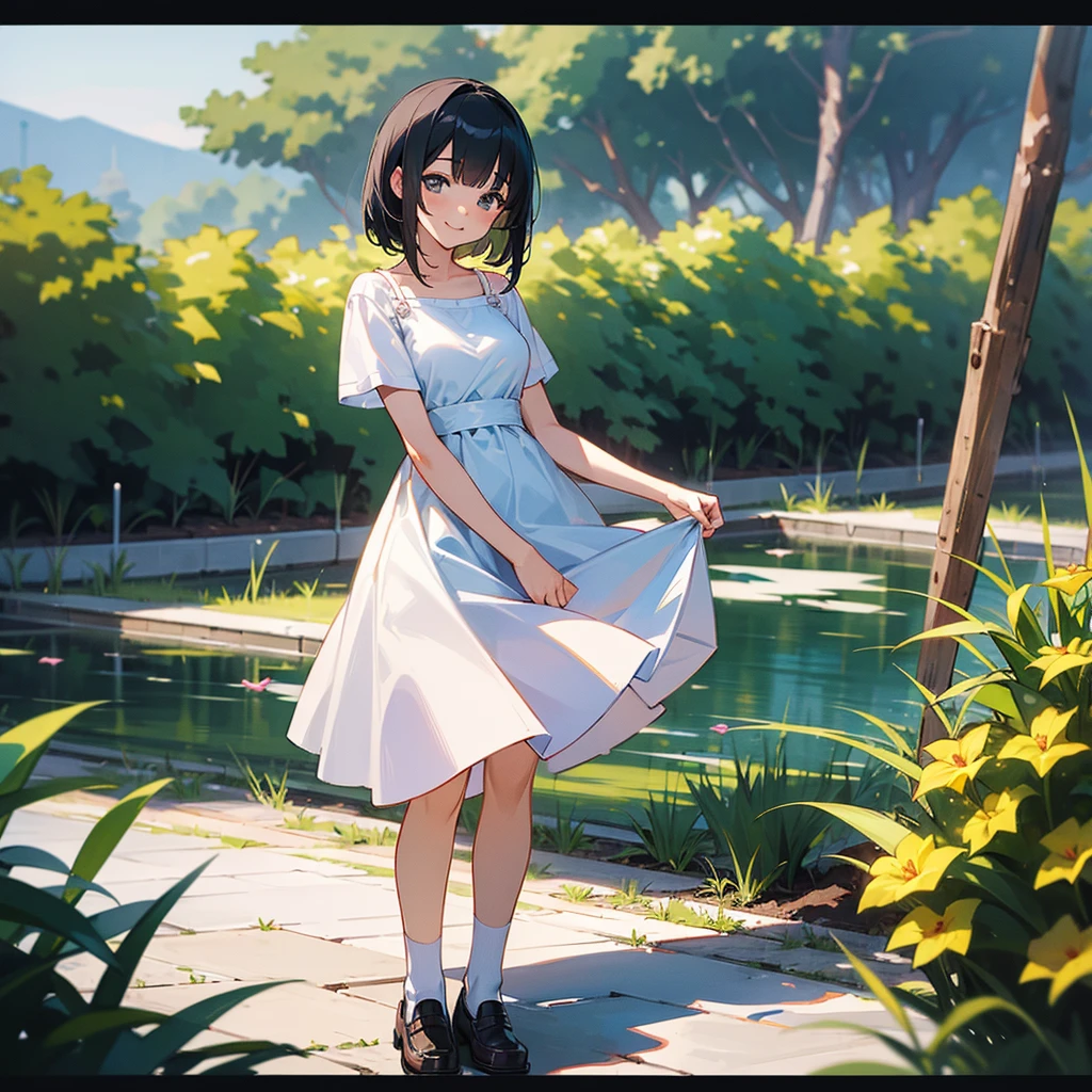 (high quality, High resolution, Very detailed, reality:1.37), Peaceful atmosphere, (Outdoor, garden), age girl standing alone, (my breasts are big.), Beautiful details, Cute Smile, (Black bob hair), White camisole dress, White socks, loafers.