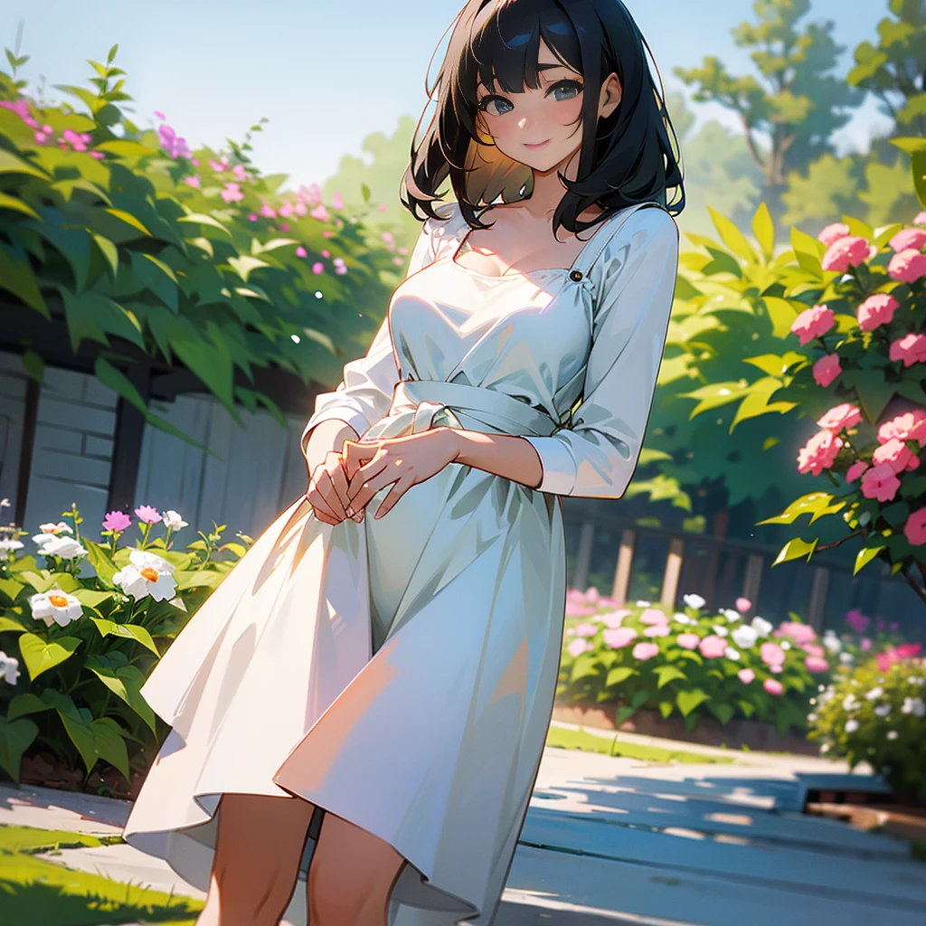 (high quality, High resolution, Very detailed, reality:1.37), Peaceful atmosphere, (Outdoor, garden), age girl standing alone, (my breasts are big.), Beautiful details, Cute Smile, (Black bob hair), White camisole dress, White socks, loafers.