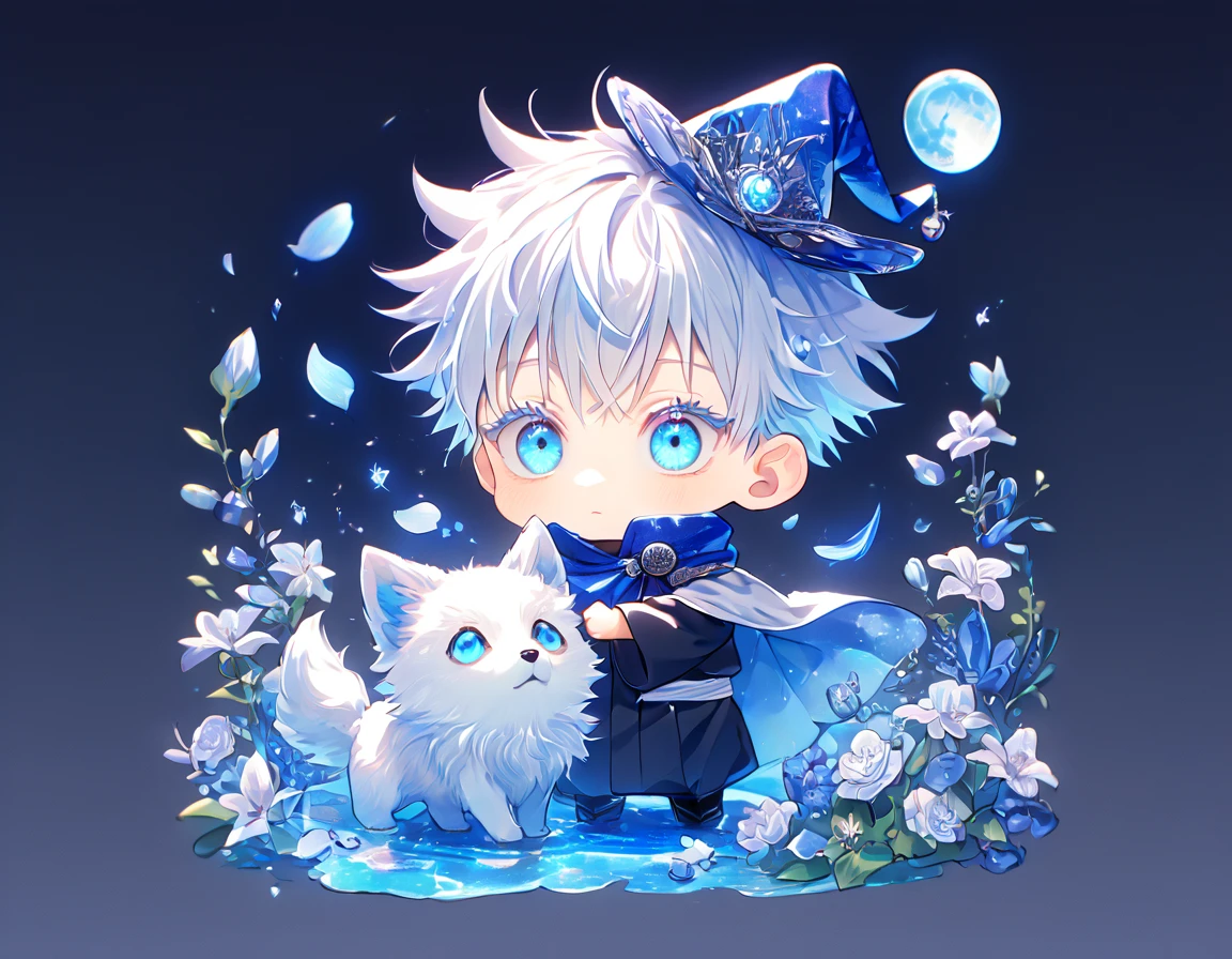 absurdres, highres, ultra detailed, HDR, master piece, Gojou Satoru as chibi, white hair with bangs, white eyelashes, expressive blue eyes, boy hugging a small wolf, white dog, expressive blue eyes, Jujutsu Kaisen, magical hat, cute, best quality, blue moon, flowers, fantasy, magical, solo, water, blue shining fireflies, blue petals, cape, the word "Krozseria" is written on his shirt,