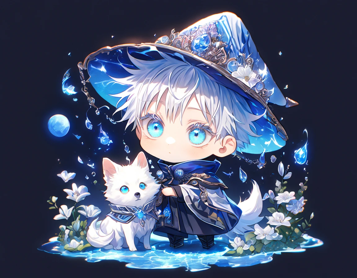 absurdres, highres, ultra detailed, HDR, master piece, Gojou Satoru as chibi, white hair with bangs, white eyelashes, expressive blue eyes, boy hugging a small wolf, white dog, expressive blue eyes, Jujutsu Kaisen, magical hat, cute, best quality, blue moon, flowers, fantasy, magical, solo, water, blue shining fireflies, blue petals, cape, the word "Krozseria" is written on his shirt,