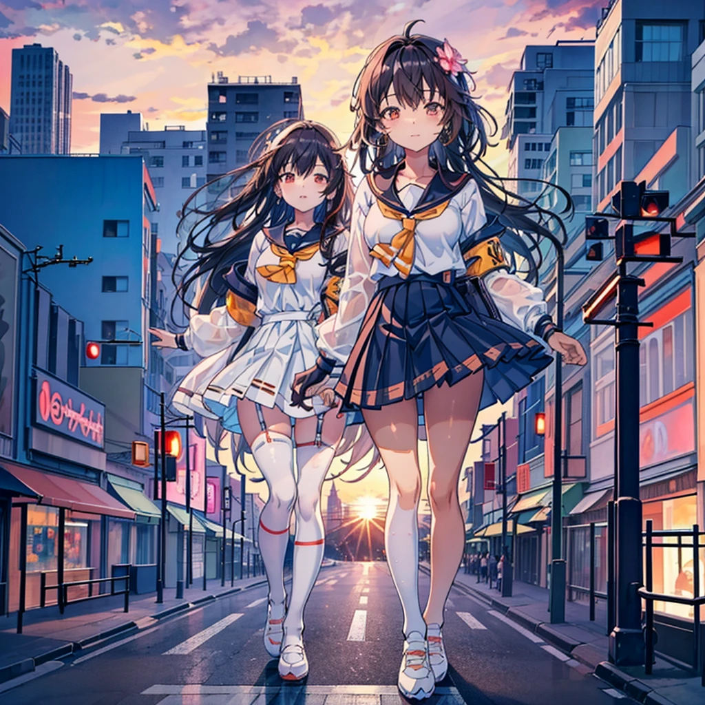 Composition viewed from below　((evening))　((sunset))　((sunset))　cumulonimbus　　masterpiece　((Brown skin))　((Sunburn))　Anime Style　Delicate painting　4K　90's　giant　Multiple Girls　crowd　 ((Black Hair))　　Metropolis　　　crowd　Crowd of people　((A giant schoolgirl standing in the valley of a skyscraper city))　Metropolis　Tokyo Akihabara Electric Town　Big Breasts　Sailor suit　　Her underwear is visible　Sweating profusely　Splash　sneakers　White socks　watch　Black Hair　　smile　　female giant giant girl Whole body 　 Crowd Unreal Engine,cleavage ,a drawing of a , earrings, long hair,Cute picture　Beauty　Analog style　whole body　sneakers