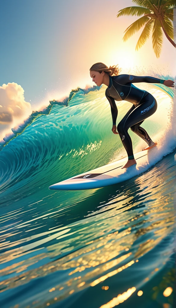 Surfer wearing surfboard.Wear professional gear.When the wave takes shape,Quickly stand on the surfboard and maintain balance.,Flexible control of the direction and speed of your surfboard.Beautiful and extremely textured foreground and background,detailed, bright, Animation style high definition and high quality presentation((Masterpieces in up to 16K resolution):1.6),((soft_color_photography:)1.5), ((Super detailed):1.4),((Typical static images and dynamic angles):1.3), ( perfect anatomy )Complex patterns, soft shadows, highly detailed structures, digital art, high detail,