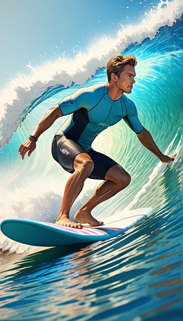 Surfer wearing surfboard.Wear professional gear.When the wave takes shape,Quickly stand on the surfboard and maintain balance.,Flexible control of the direction and speed of your surfboard.Beautiful and extremely textured foreground and background,detailed, bright, Animation style high definition and high quality presentation((Masterpieces in up to 16K resolution):1.6),((soft_color_photography:)1.5), ((Super detailed):1.4),((Typical static images and dynamic angles):1.3), ( perfect anatomy )Complex patterns, soft shadows, highly detailed structures, digital art, high detail,