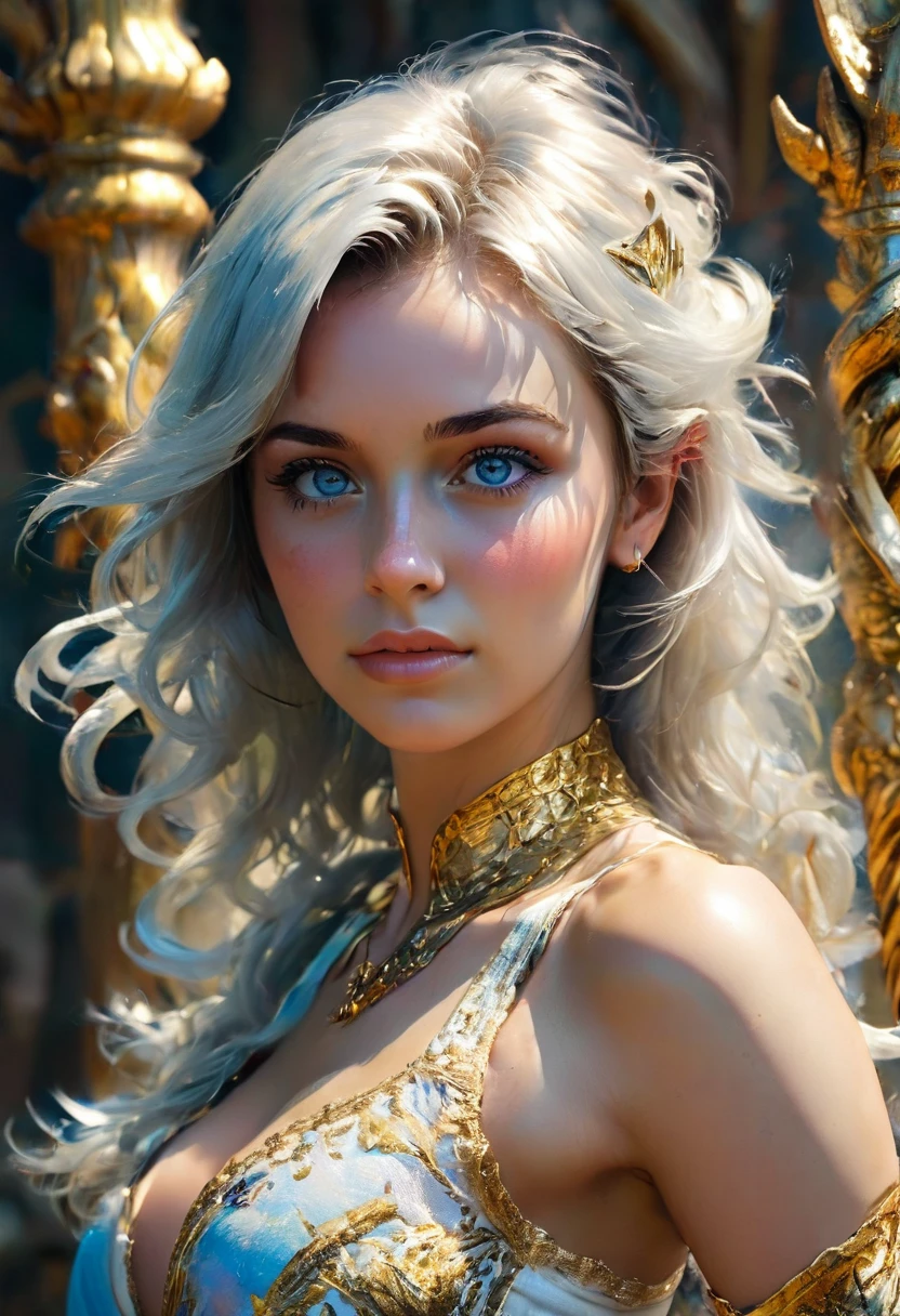 (raw photo, Best Quality), (realist, Photo realist: 1:3, Best Quality, Very detailed, masterpiece, Hyperdetail, illustration, 1 girl, caucasian, dynamic angle, World masterpiece, disordered_hair, Best Quality, CG Unity 8k wallpaper, caucasian perfect body, full shot photography, Woman 25 years old, amazon, , White skin, pink skin, WITHOUT IMPERFECTIONS, smooth skin, (perfect), ojos Very detaileds, (Intricate), big and bright eyes, (ice blue eyes), perfect eyes eyes, (build ), Carry (solid gold lingerie) as part of herself, Her body is adorned with jewels that make her look like a goddess., In the background you can see the jungle and a semi-futuristic lost city, (build), cara perfect, innocent face, beautiful, perfect body, hourglass body, sensual body, medium tits, natural, perfects, big and shapely hips, thick and firm thighs, mesomorphic body, some tattoos, short and brown hair, crespo, It is a full shot capture, ((full shot photo))