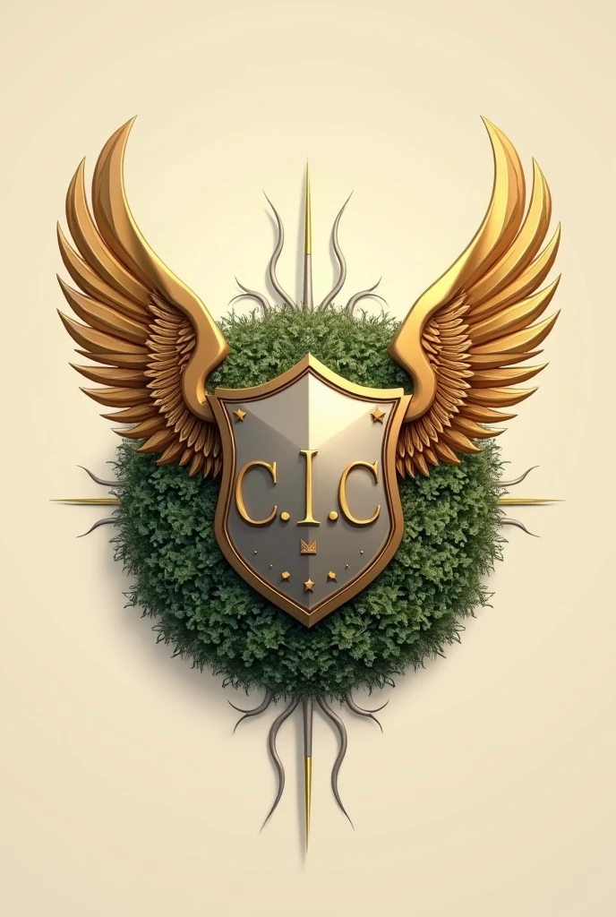 Bachelor's logo in beige background color and silver details with a shield with golden wings and bushes that inside the logo says C.I.C promo 43