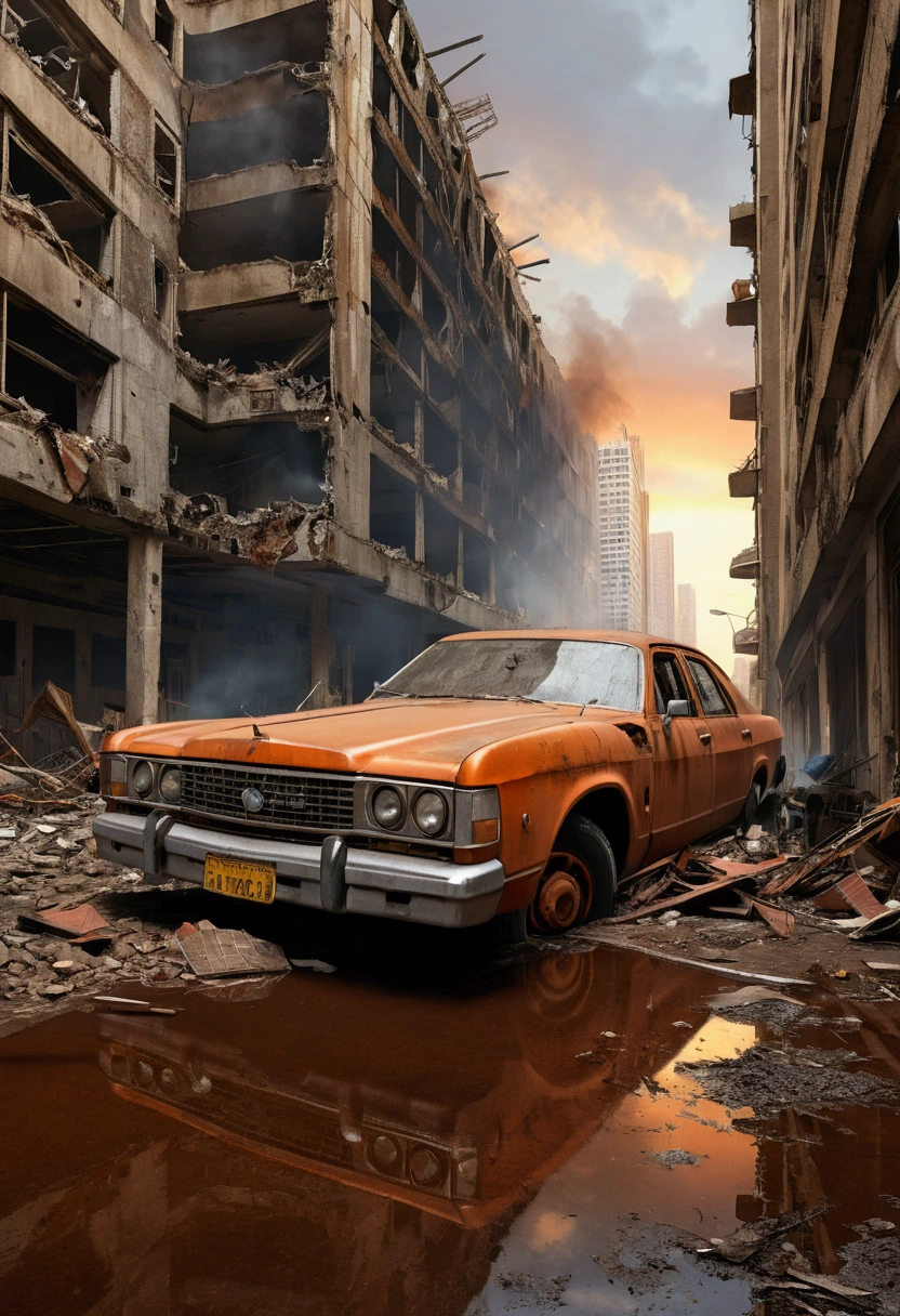 Image of an 18-year-old girl wearing ripped clothes and a backpack, walking in a city connected by numerous walkways between high-tech and concrete skyscrapers., creating a complex urban network, photorrealistic, finely rendered textures in post apocalyptic environment, wasteland, ORANGE SKY, sunset with sun on the horizon, chuva pesada, puddles of water on the ground, smoke spots in some buildings, leaning buildings collapsing diagonally and falling sideways onto each other, There is an old Boeing 747 plane that has crashed, abandoned, rusty, dirty, gray and destroyed, lying in the middle of the street in a diagonal position and collided with a building., the plane is broken and crumpled with nose down, disabled with nose down tilted downwards, several dirty and rusty cars around the plane, rusty and abandoned trucks.