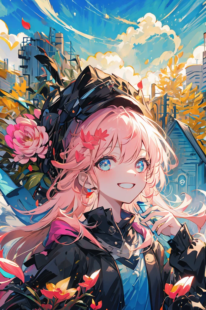 masterpiece, best quality, 1girl, (colorful),(finely detailed beautiful eyes and detailed face),cinematic lighting,bust shot,extremely detailed CG unity 8k wallpaper,solo,smile,((flying petal)),(Flowery meadow) sky, cloudy_sky, building, moonlight, moon, night, (dark theme:1.3), light, fantasy, gotou1, gotou hitori,((holding instrument, guitar)),(pink hair:1.1),