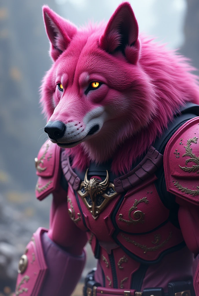 a dark pink wolf warrior, highly detailed, hyper realistic, intricate armor, futuristic, bodyguard, cinematic lighting, digital painting, 8k, octane render, volumetric fog, dramatic pose, glowing eyes, sharp focus, photorealistic, studio lighting