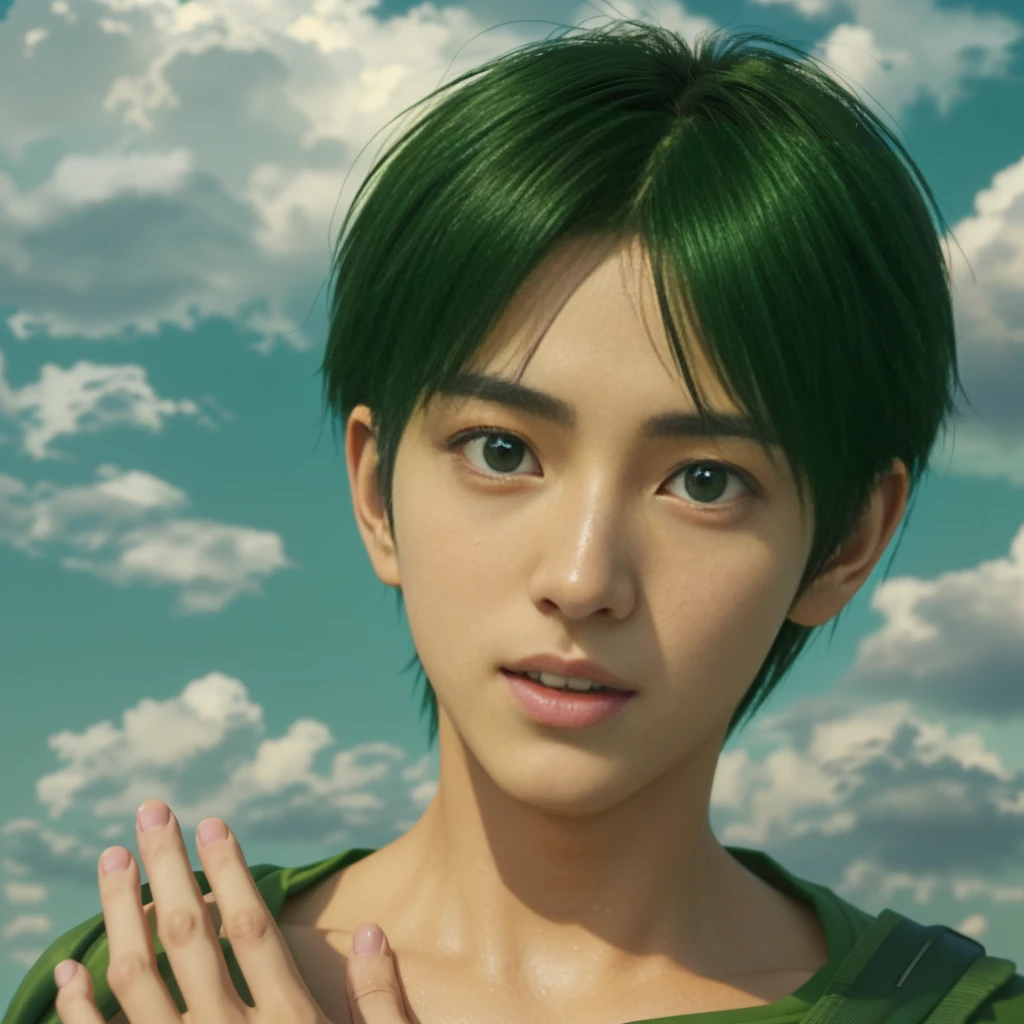 There is a man wearing a green shirt and carrying a black backpack., Realistic Anime 3D Style, Anime Realism style, 3D Anime Real, Photorealistic Animation girl render, Smooth anime CG art, Photorealistic Animation, Anime Realism, Ultra realistic anime, Anime-style 3D, Realistic anime art style, Created by Anime Painter Studio, Realistic young anime boys