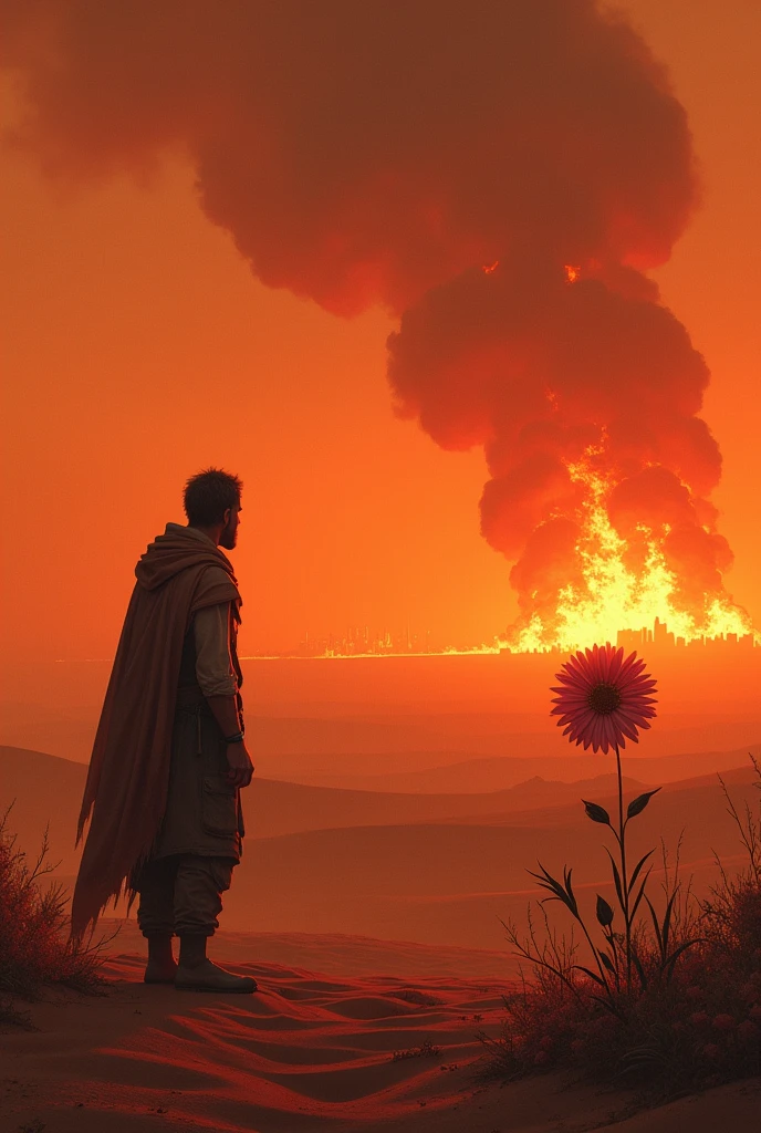 Lonely man in the desert, in the background a city on fire, reddish tones, next to the man a beautiful flower