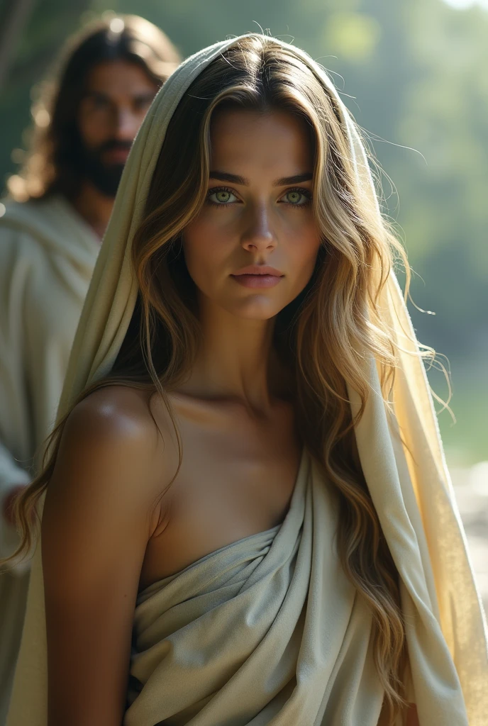A woman with long wavy hair, green eyes with toga on head with Jesus at side