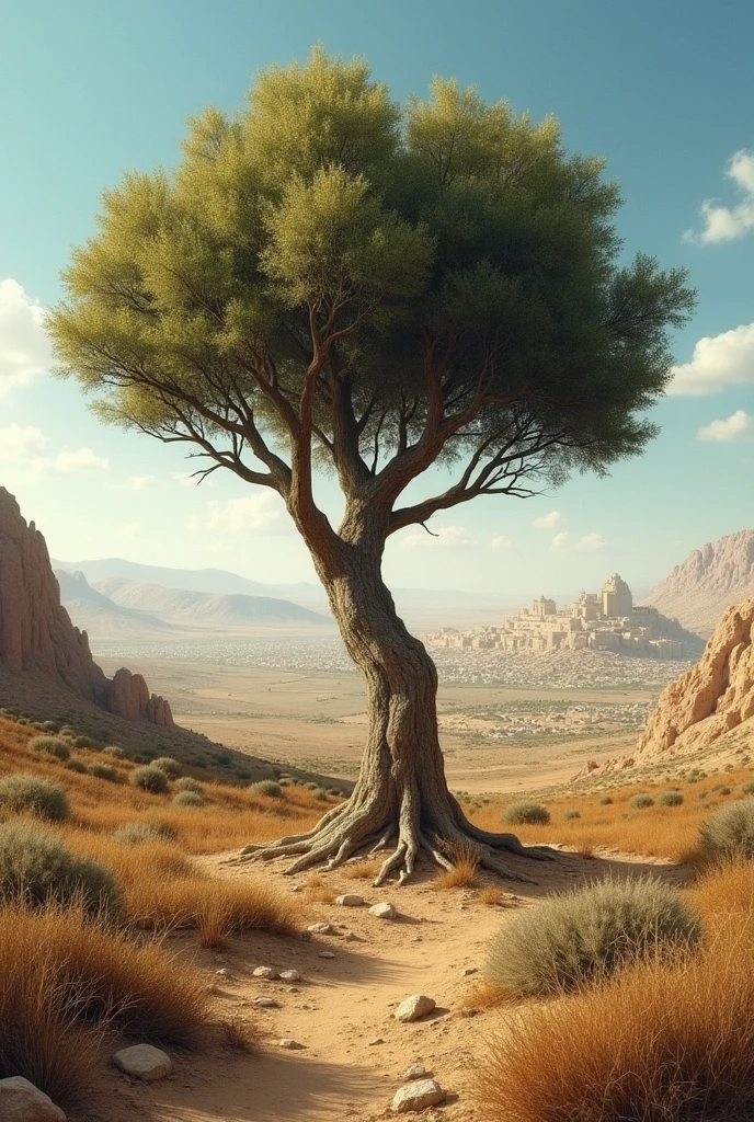 biblical representation of a tree, the city of Samaria, in the background, dry vegetation