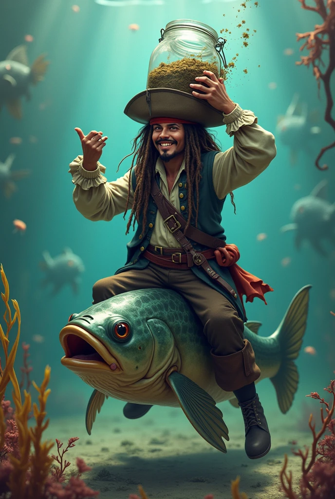 Capitaine Jack Sparrow portant en l'air un bocal de terre sur le dos d'un poisson chat