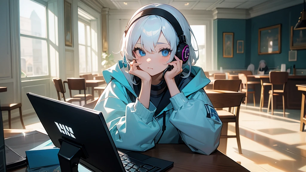 Best quaility, masterpiece, 4k, at night, A girl with white hair with blue eyes and around middle school age was wearing a hoodie, cheek cane, she wears a headset, she is facing the PC, so I can't see her face, she is in a cafe which has sunlight shining in the building, working on something on her note PC
