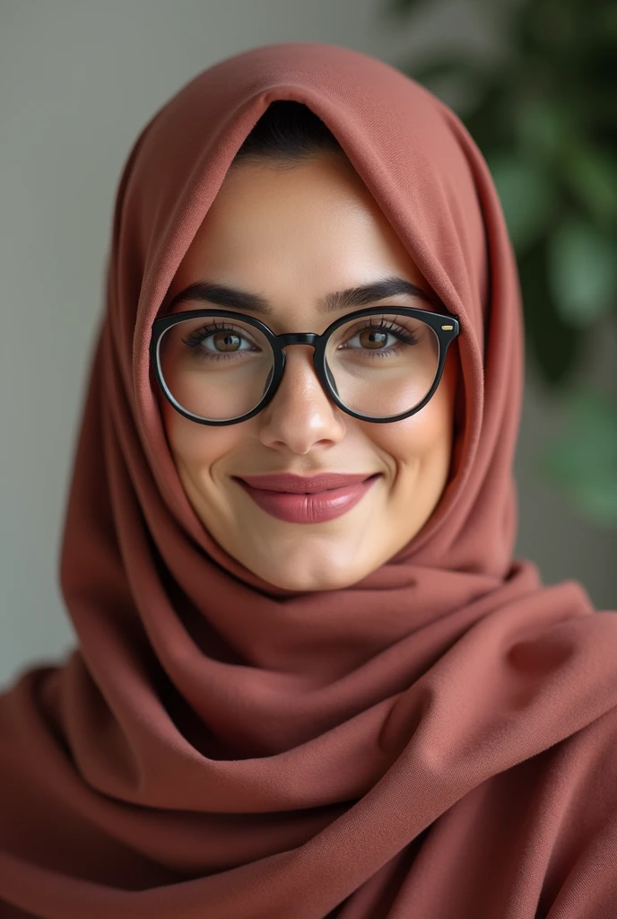 model woman wearing hijab, lipstick, and glasses smiling to camera; 4k; high quality