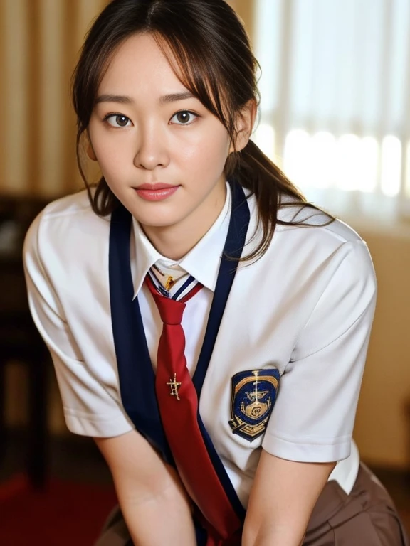 (Masterpiece, Best quality: 1.2), (Ultra realistic, Photo-realistic: 1.2), From above, Japanese high school uniform, (Japanese Sailor suit, White short-sleeve suit, Darknavy collar, Darknavy skirt, Red necktie:1.1), Natural light, 25 years old school girls, Japanese women, Neat and clean, School, (ponytail:1.2), Light brown hair color, (Beautiful Face), Oval face, clear, (Beautiful eyes, Kind eyes), (Clear skin), Small face, (Small mouth, Beautiful mouth), Natural makeup, Approachable, Luxury hotel Suite room, On bed, Seductive smile, (Seductive pose:1.2), (Beautiful thighs:1.2), Bedroom eyes,