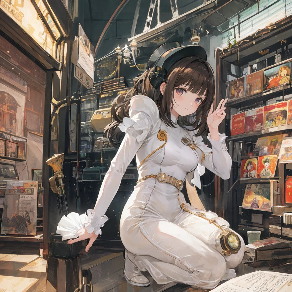 A woman in a white dress stands in front of a group of people, 70s Science Fiction Art, Attractive brown-haired woman, Still frame from a movie, Hyperpolarizers, Promotional Rendering, Menez, Cosmic Bjork, Steampunk, Velma, Mars Attacks, Circa 1970, cp2077