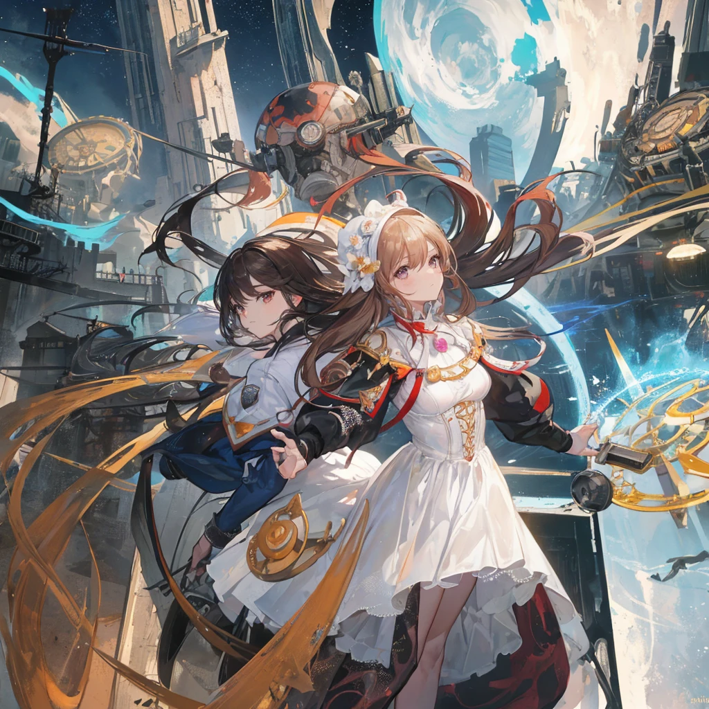 A woman in a white dress stands in front of a group of people, 70s Science Fiction Art, Attractive brown-haired woman, Still frame from a movie, Hyperpolarizers, Promotional Rendering, Menez, Cosmic Bjork, Steampunk, Velma, Mars Attacks, Circa 1970, cp2077