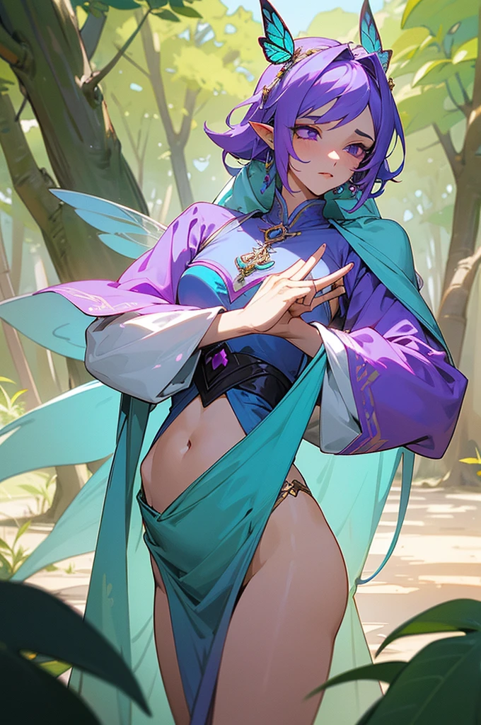 Create me a man, Fairy godmother, hermaphrodite, handsome, identifies as Man, feminine face, purple eyes, turquoise hair, white skin, thin but notified and slender body, sexy hips and belly, pointy ears and blue butterfly wings with purple and fuchsia, Male gender, Two-piece medieval tunic, fantasy tunic, white with gold trim, and headdress of leaves, bohemian decoration, in a magical forest on the shores of a lake, flying near a white arcian tree with exotic red, next to it is the fairy. Erotic potion, horny, flirtatious, sensual and elegant prince.