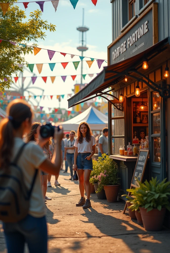 A fair with a corner coffee shop that uses one side of it as an area to take memorable photos for customers. Focus on the area of photography and realistic photography.
