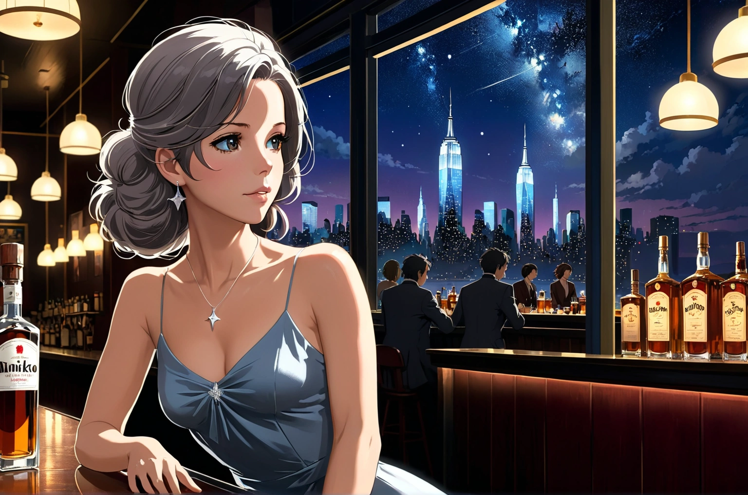 Uses Makoto Shinkai&#39;s depiction perfectly,Portrait of Kate Beckinsale,8k 4k masterpiece photo ,new york,A jazz bar with a glass ceiling,The twinkling stars can be seen through the glass windows.,It&#39;s a dark night outside,Jazz is playing,Close-up of profile,Beautiful in profile,Semi-long hair,Silver Hair,Look in a different direction,Standing alone at the counter,A small glass of whiskey in front of me１There are、tight fitting tank top dress,The bust is large