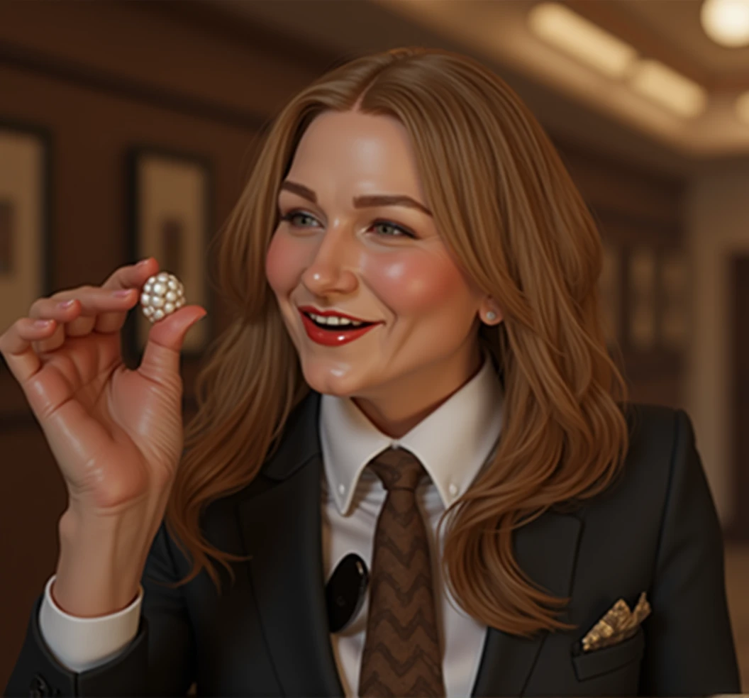 a detailed sexy busty evil witch with a big nose, big forehead, long hair, raised eyebrows, perfect teeth, wearing suit and tie, big breasts, breast expansion, evil laugh, holding a small white pearl in her hand, looking at the pearl in her hand, cinematic lighting, hyperrealistic, 8k, highly detailed, photorealistic, masterpiece