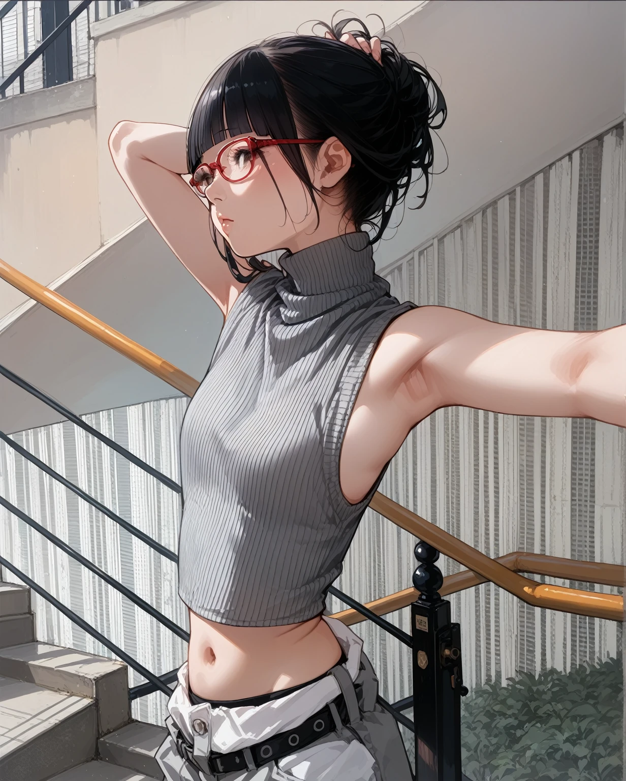 Glasses,Asian woman in grey top and black pants posing on stairs, Sleeveless turtleneck, セクシーなWearing a crop top, Photo of slim girl model, Chiho, T-Top, shikamimi, Wearing a crop top, Real life anime girls, Kurohime cut hair, This is Junji&#39;s style., Shashi, 2 4--old ale model