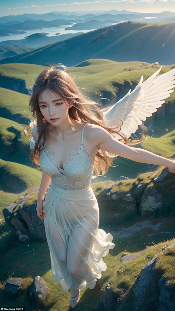 ((A serene summer scene with an ultra-high-definition, realistic angel flying gracefully in the sky))
The angel is facing towards the camera with lifelike facial features and detailed textures,
The angel has intricately detailed white wings, fully extended as it soars through the air in an elegant, natural pose,
Hair flowing gently in the wind, with realistic light reflections and highlights, emphasizing the sensation of movement,
The background is a clear summer sky with soft, highly detailed white clouds, enhancing the feeling of altitude,
Below, a green land and blue ocean are visible from a high angle, with realistic lighting and shadows,
The landscape features gently rolling hills and a distant, vividly detailed sea, as seen from a high vantage point,
The image is captured in a vertical 9:16 aspect ratio, emphasizing ultra-realistic textures, depth, and the dynamic nature of flight