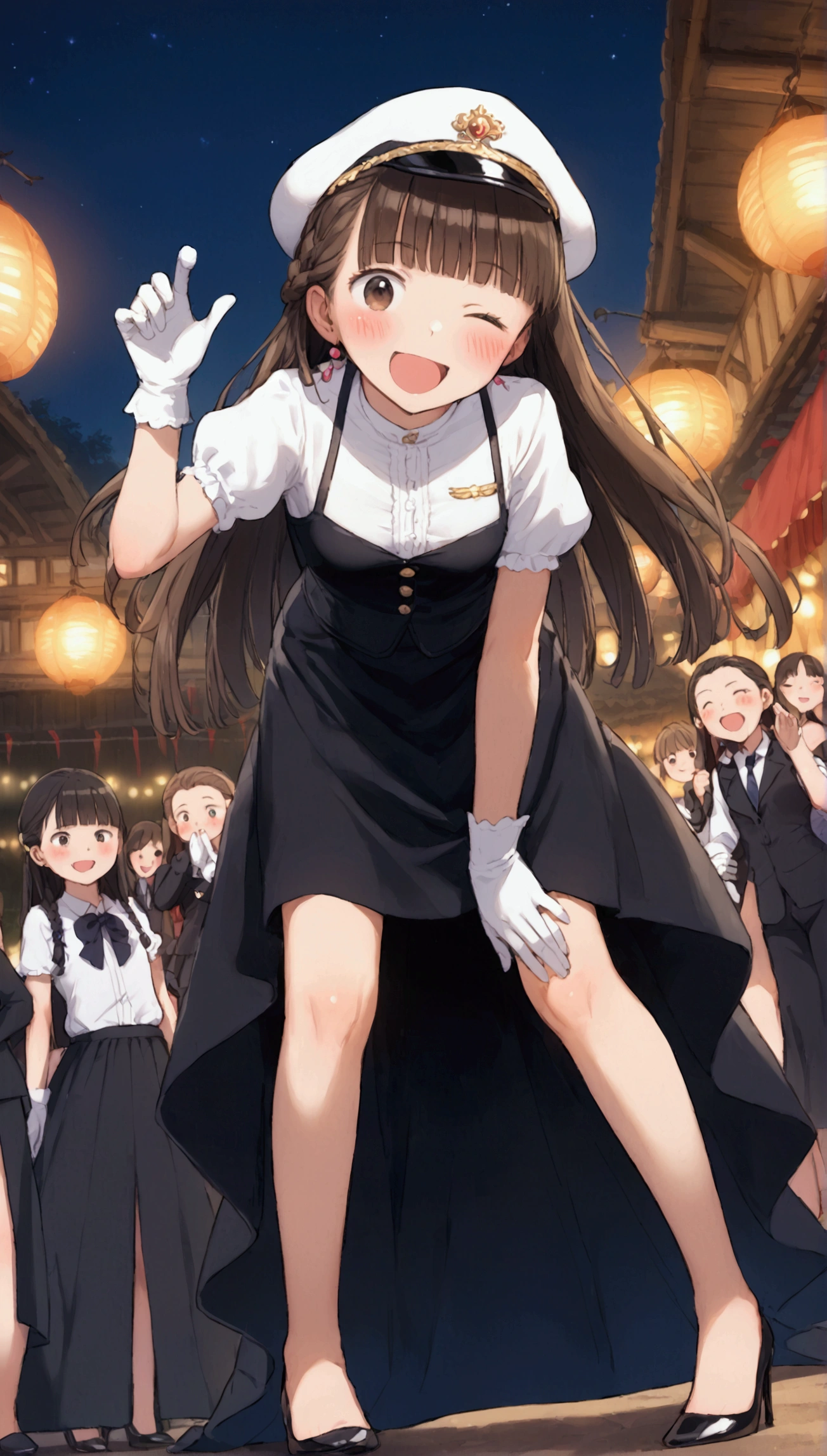 {Highest quality}, {Super beautiful},{Ultra fine},{Best illustration},Brown Hair,Hime cut,long hair,Braid,One woman,Standing Woman,Strike a pose,Adult women,smile,Excited face,Wink,Uniform cap,White Shirt,Short sleeve,long black skirt,White gloves,Night Festival,Blushing,Slender,Black stiletto heels,barefoot,From an angle,From below,Leaning forward,Spread your legs,