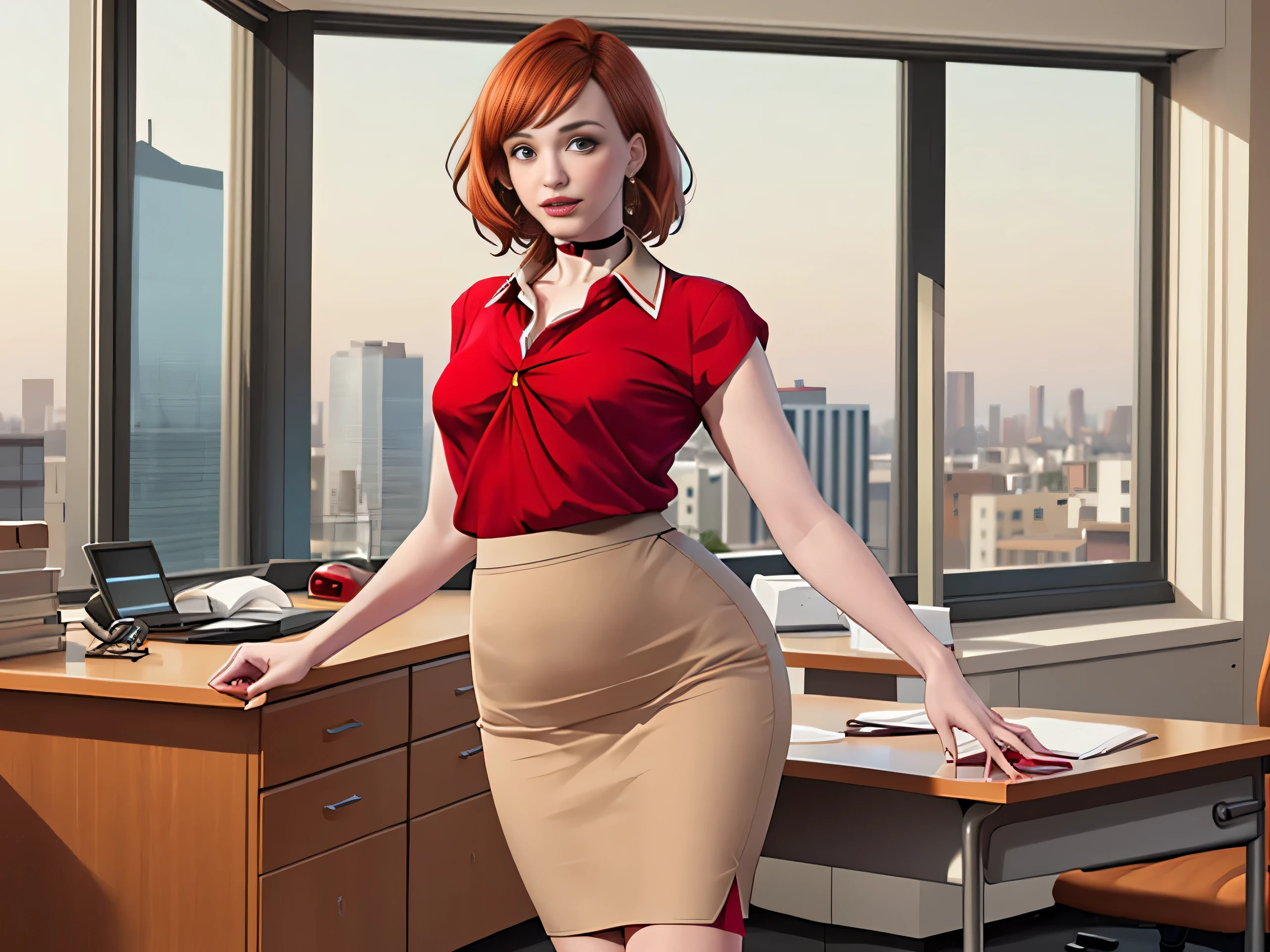 Christina Hendricks, (Christina Hendricks:1.5), masterpiece quality, (masterpiece quality:1.3), detailed, realistic, (realistic:1.3), 1girl, solo, (solo:1.9), alone, in a 1960s office, office desks in background, window of cityscape in background, short hair, wearing choker collar, secretary, wearing a red blouse, (red blouse:1.9), wearing a beige skirt, (beige skirt:1.9), thin body, small breasts, (small breasts:1.5),