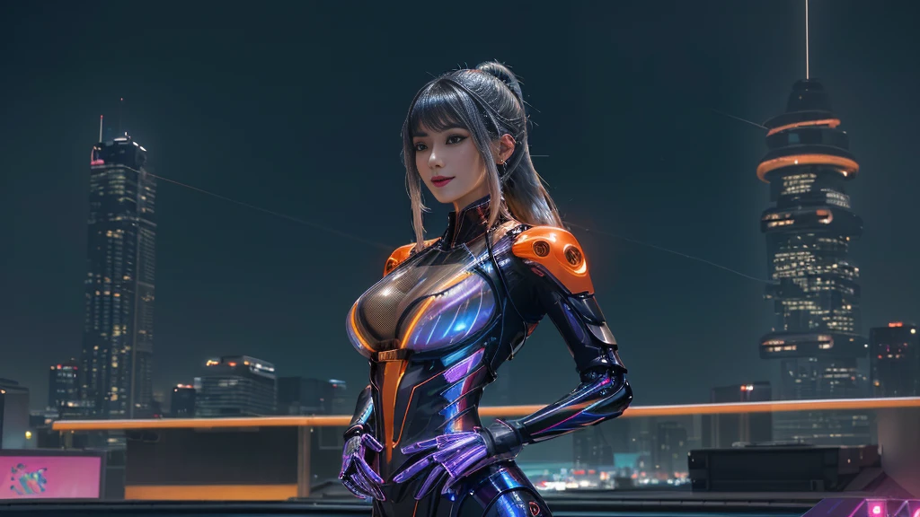 Cyber City at Night,(Gorgeous night view illumination:1.3),(Stand on the roof of a building:1.3)The actress is a very beautiful Western adult woman..(Sexy super shiny orange transparent holographic mechanical cyberpunk suit:1.3) ,(Mechanical suit that sparkles with colorful lightning:1.3),Sexy face, a necklace,piercings, Happy smile.Sexy Pose, (Silver hair、Ponytail twisted buns adorned with elaborate braids and beads,Braided Setup Fishbone Hair,),(Bangs are see-through bangs),(hair pin、poneyTail、Floating hair、),breast slip,(Emphasis on large breasts:1.3),profetional lighting,Cinematic Light,(masutepiece,top-quality,Ultra-high resolution output image,) ,(The 8k quality,),(Sea Art 2 Mode:1.3),,(Image Mode Ultra HD,)
