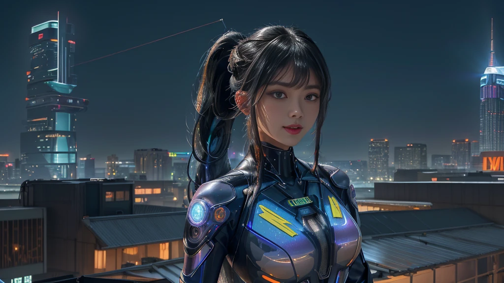Cyber City at Night,(Gorgeous night view illumination:1.3),(Stand on the roof of a building:1.3)The actress is a very beautiful Western adult woman..(Sexy super shiny orange transparent holographic mechanical cyberpunk suit:1.3) ,(Mechanical suit that sparkles with colorful lightning:1.3),Sexy face, a necklace,piercings, Happy smile.Sexy Pose, (Silver hair、Ponytail twisted buns adorned with elaborate braids and beads,Braided Setup Fishbone Hair,),(Bangs are see-through bangs),(hair pin、poneyTail、Floating hair、),breast slip,(Emphasis on large breasts:1.3),profetional lighting,Cinematic Light,(masutepiece,top-quality,Ultra-high resolution output image,) ,(The 8k quality,),(Sea Art 2 Mode:1.3),,(Image Mode Ultra HD,)