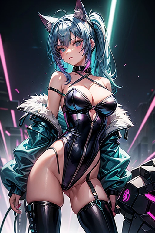 Cyberpunk catgirl, (light-blue hair, purple hair tips), green eyes, (black bodysuit, rgb trim, strapless, cleavage, high-cut), (off shoulder jacket, black, pink lining), rgb choker, thigh-highs, power stance. Spaceship bridge background.
